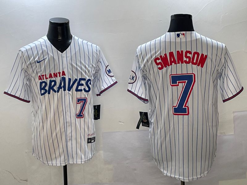 Men Atlanta Braves #7 Swanson White Stripe Fashion Game 2025 Nike MLB Jersey style 3